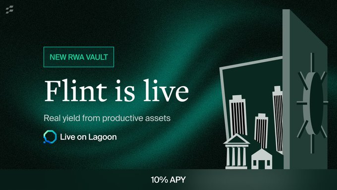 The image features an advertisement for a new vault service called "Flint is Live" that allows users to invest in real estate through the RWA vault system. The background of the image is dark green, with a large white text box containing information about the new vault and its benefits. Below this, there are two smaller images depicting buildings and a clock, which further emphasize the focus on real estate investments.