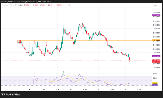 A TradingView chart for 'Miomarket / Tether - 1W' showing a bearish price trend with a current value around 0.001976, dated September 11, 2026.