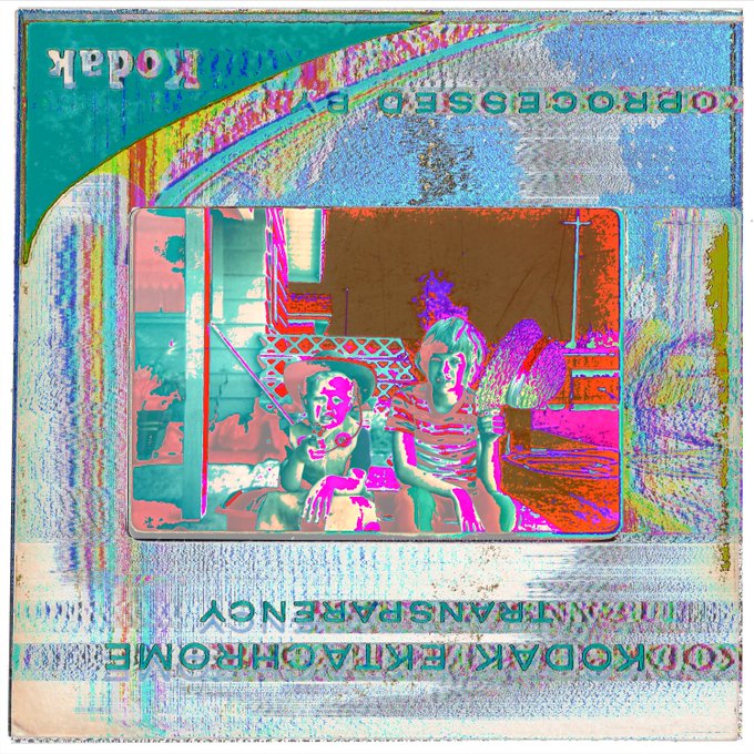 A vibrant digital collage featuring a vintage photograph of two people in a boat, rendered with psychedelic color separations and overlaid with mirrored Kodak Ektachrome transparency text. The "Kodak Ektachrome Transparency" branding frames the image, aligning with the post's description of a digital collage made from vintage slides, with the teal border containing text including "Kodak" and "PROCESSED" visible around the edges.