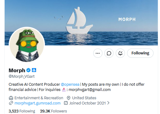 A Twitter/X profile for 'Morph' (@MorphVGart) describing themselves as a 'Creative AI Content Producer @opensea' with 29.3K followers, featuring a frog character in a suit as the avatar.