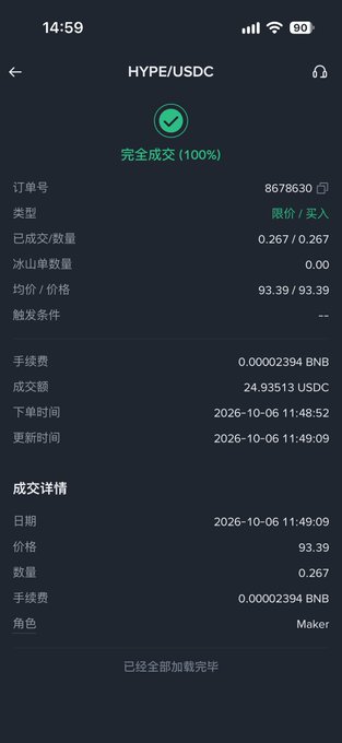 A mobile trading screenshot showing a completed HYPE/USDC limit buy order at 93.39 for 0.267 quantity, timestamped 2026-10-06 11:48:52.