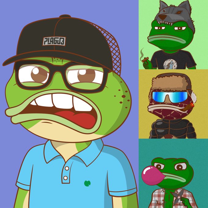 An illustration featuring four cartoon Pepe the Frog-style characters in different poses and outfits, including one wearing a black 'PLAGUER' cap and glasses.