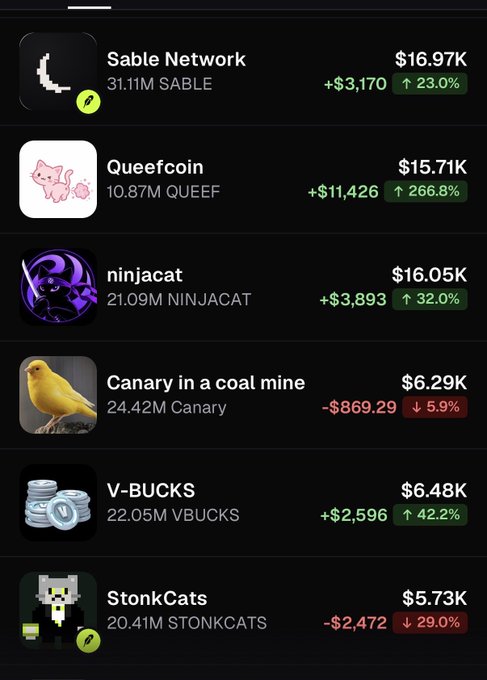 A list of meme coin tokens with their prices and 24-hour changes, including "Canary in a coal mine" (Canary) at $6.29K, down 5.9% (-$869.29). The image supports the caption by highlighting Canary as the token expected to "reprice," suggesting a potential rebound after its decline.