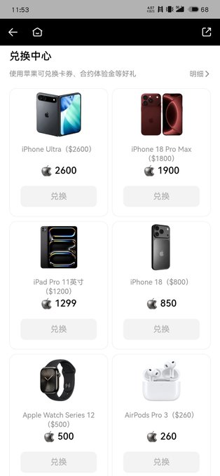 The image shows a rewards redemption center ("兑换中心") displaying Apple products available for exchange with points, including iPhone Ultra ($2600) for 2600 points, iPhone 18 Pro Max ($1800) for 1900 points, iPad Pro 11-inch ($1200) for 1299 points, iPhone 18 ($800) for 850 points, Apple Watch Series 12 ($500) for 500 points, and AirPods Pro 3 ($260) for 260 points. The promotion invites users to join a Huobi points competition to earn Apple rewards through futures trading, featuring upcoming 2026 Apple products like the rumored iPhone 18 and a foldable iPhone Ultra.