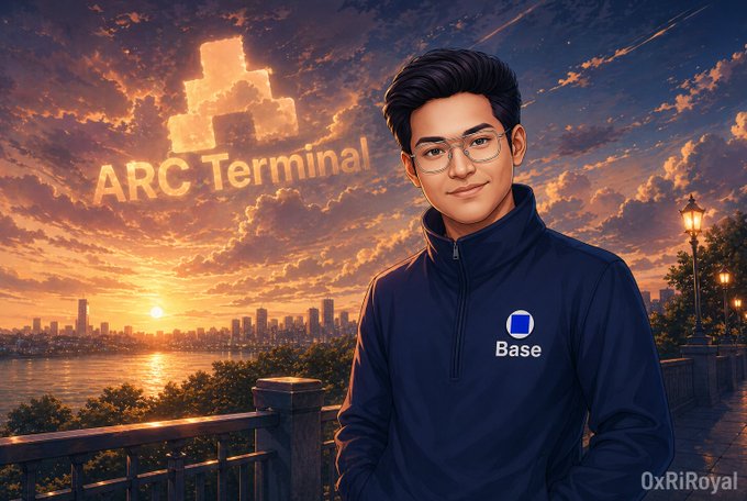The image features a man wearing glasses standing next to a building with an arc terminal logo at sunset over a body of water. The sky has a beautiful orange hue as the sun sets, creating a warm and inviting atmosphere. The man appears to be posing for the photo while wearing his jacket, which is blue in color.