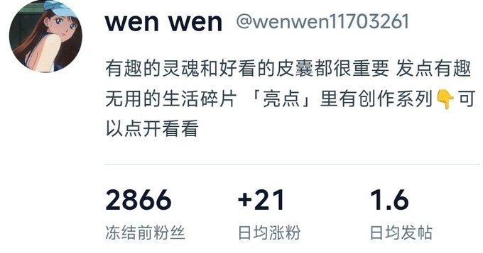 The screenshot shows a Weibo profile for "wen wen" (@wenwen11703261), whose bio reads "有趣的灵魂和好看的皮囊都很重要 发点有趣无用的生活碎片 「亮点」里有创作系列👇可以点开看看," with stats showing 2,866 followers before being frozen, +21 daily follower growth, and 1.6 daily posts—matching the post's description of a low-frequency poster (around 1-2 posts per day) focused on casual daily life content who nonetheless got banned.