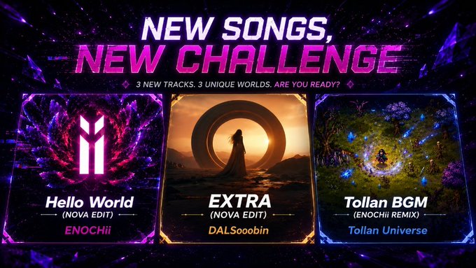 Promotional graphic for "Planet Nova: Round 2" announcing "NEW SONGS, NEW CHALLENGE" with "3 NEW TRACKS. 3 UNIQUE WORLDS. ARE YOU READY?" The image showcases three track cards: "Hello World (Nova Edit)" by ENOCHii, "EXTRA (Nova Edit)" by DALSooobin, and "Tollan BGM (Enochii Remix)" by Tollan Universe, each featuring distinct visual aesthetics of the new worlds players can explore on AbstractChain.