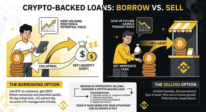 The graphic titled "Crypto-Backed Loans: Borrow vs. Sell" contrasts two strategies for obtaining liquidity from Bitcoin holdings—"The Borrowing Option," which uses BTC as collateral for a USDT loan (30-day term, 1% upfront fee, no LTV management) while retaining ownership, versus "The Selling Option," which provides immediate cash but forfeits future gains and triggers taxes.

This aligns with the post by illustrating how crypto-backed loans offer holders an alternative to selling, letting them use assets like BTC as collateral to access funds without giving up long-term positions.