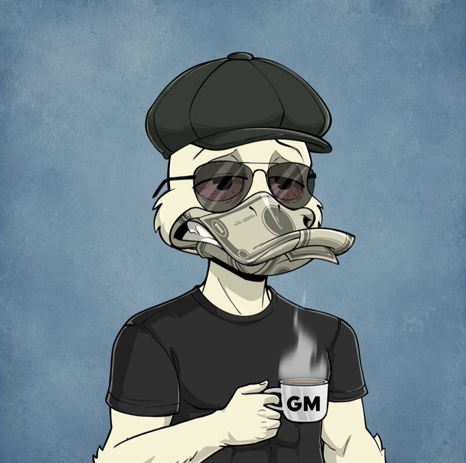 A cartoon duck wearing sunglasses, a black cap, and a black t-shirt holds a steaming mug labeled 'GM' with a dollar bill in its beak.