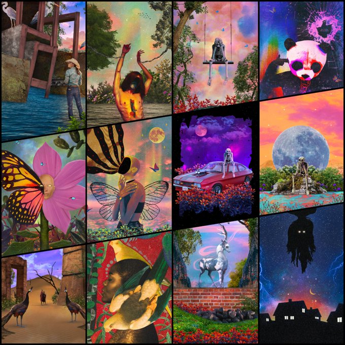 The image consists of 16 different pictures arranged in 4 rows with 4 columns. The images are diverse in nature, ranging from abstract to surrealistic, and they all share a common theme - they depict people or animals interacting with various elements such as flowers, cars, houses, and other objects. The post suggests that the artworks may be related to digital manipulation techniques used by the artist, which can be inferred from the use of different colors and styles in each image.