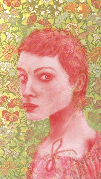 An artistic, stylized portrait of a woman with short hair rendered in pink and red tones, superimposed over a vibrant floral background with orange, yellow, and green flowers.