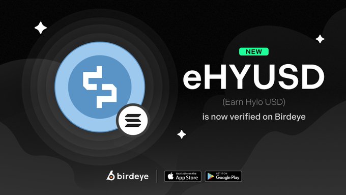 The image is a promotional graphic announcing that "$eHYUSD (Earn Hylo USD) is now verified on Birdeye," featuring a blue circular eHYUSD logo alongside a Solana icon, with Birdeye branding and App Store/Google Play download badges at the bottom, visually reinforcing the post's announcement about the new verification status of Hylo's yield-bearing asset.