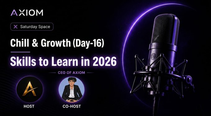 A promotional graphic for a 'Saturday Space' episode titled 'Chill & Growth (Day-16): Skills to Learn in 2026', hosted by AXIOM, featuring a dark studio microphone illuminated in purple.