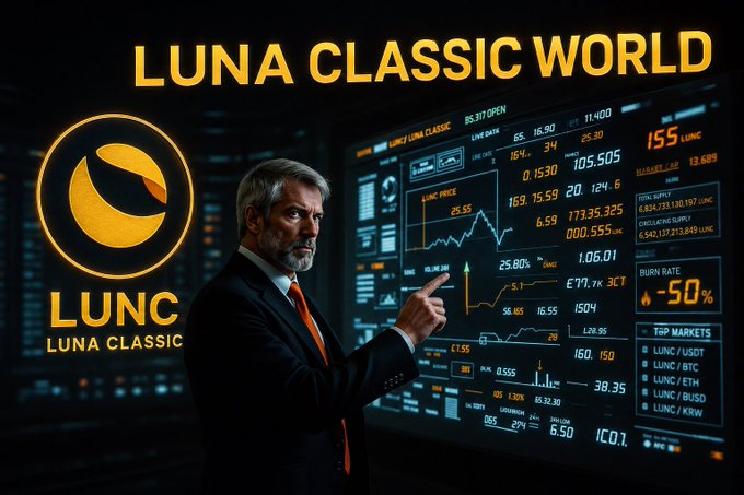 A bearded man in a suit points at a large digital trading screen displaying LUNC (Luna Classic) market data, including price charts, burn rates, and trading pairs against USDT, BTC, ETH, BUSD, and KRW. The image features prominent "LUNA CLASSIC WORLD" and "LUNC" branding, visually echoing the post's theme of LUNC's burn mechanism, global community support, and ongoing development efforts.