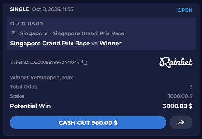 A Rainbet betting interface showing a single bet on the Singapore Grand Prix Race (Winner Verstappen, Max) with total odds of 3, a $1000 stake, and a $3000 potential win, offering a cash out of $960.