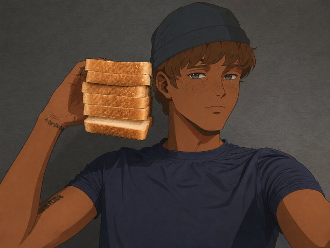 An anime-style illustration of a young man with brown hair wearing a blue t-shirt and a blue cap, holding a stack of toasted bread slices near his face.