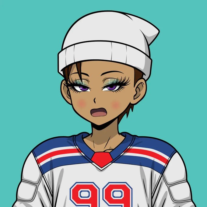 An anime-style illustration of a character with purple eyes, a white beanie, and a white hockey jersey with red and blue stripes bearing the number '99', set against a teal background.