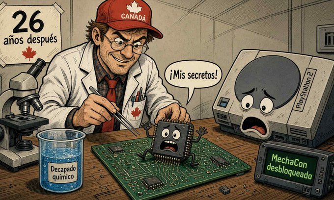 A cartoon illustration labeled '26 años después' showing a Canadian scientist extracting secrets from a circuit chip, with references to PlayStation 2 and 'MechaCon desbloqueado' (unlocked MechaCon), suggesting a hacked console.