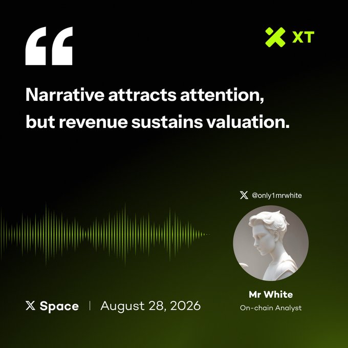 A promotional graphic features the quote 'Narrative attracts attention, but revenue sustains valuation' from an X Space with @only1mrwhite, Mr White, On-chain Analyst, dated August 28, 2026.