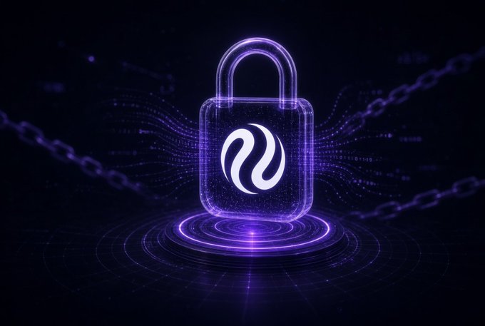A glowing purple wireframe padlock with a flame-like logo in the center, floating above neon circular rings with chains stretching across a dark cosmic background.