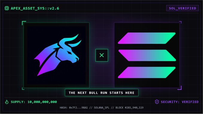 A stylized digital graphic featuring a blue and purple bull logo alongside the Solana (SOL) emblem, labeled "APEX_ASSET_SYS::v2.6" and "SOL_VERIFIED" with a supply of 10,000,000,000, promoting the "$BullrunCash" token airdrop offer of $50 to wallets that engage with the post.