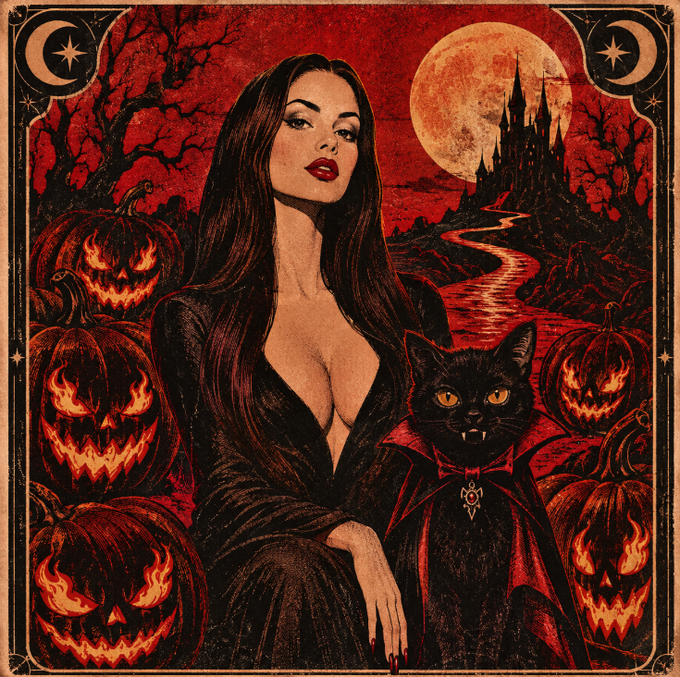 A gothic Halloween-style illustration featuring a vampire woman with long dark hair in a black dress alongside a black cat with fangs, surrounded by flaming jack-o'-lanterns, a red moon, and a dark castle.