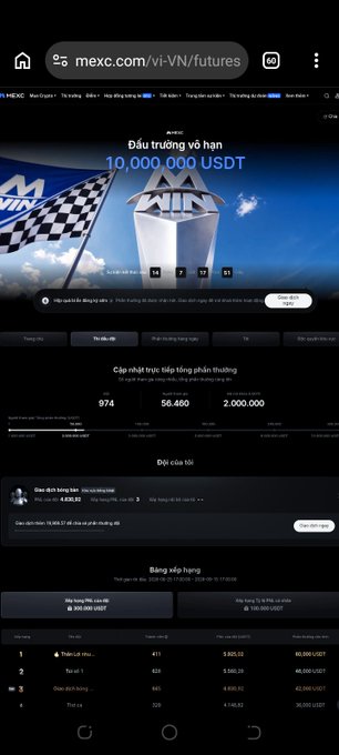 A mobile screenshot of the MEXC futures trading page (mexc.com/vi-VN/futures) showing a trading competition promotion for 10,000,000 USDT and various trading volumes and rankings.