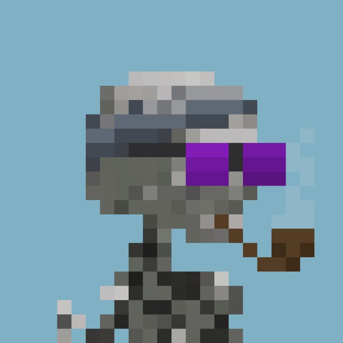 A pixel art character wearing grey/silver knight-like armor with purple-tinted visor, smoking a brown pipe against a light blue background.