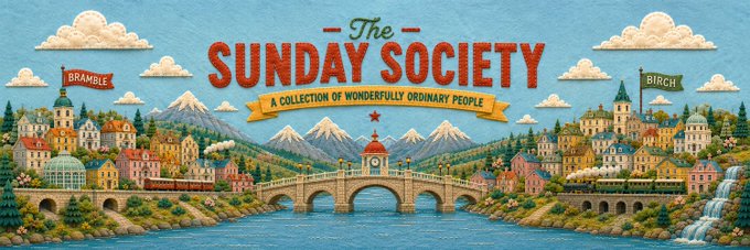 A whimsical illustrated banner for "The Sunday Society: A Collection of Wonderfully Ordinary People" features two charming towns labeled "Bramble" and "Birch" on either side of a stone bridge over a river, with snow-capped mountains in the background. The colorful artwork visually represents the post's announcement of a mint event for 333 NFT seats across the two villages, set for August 23rd at 2PM PST for 0.0123 ETH.