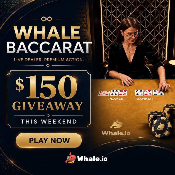 The image is a promotional advertisement for Whale.io's new "WHALE BACCARAT" live dealer game, featuring a dealer at a baccarat table with cards dealt for Player and Banker positions, and text promoting a "$150 GIVEAWAY THIS WEEKEND" with a "PLAY NOW" call-to-action button. The image directly visualizes the post's announcement of Whale Baccarat's launch and the accompanying $150 USDT giveaway promotion.