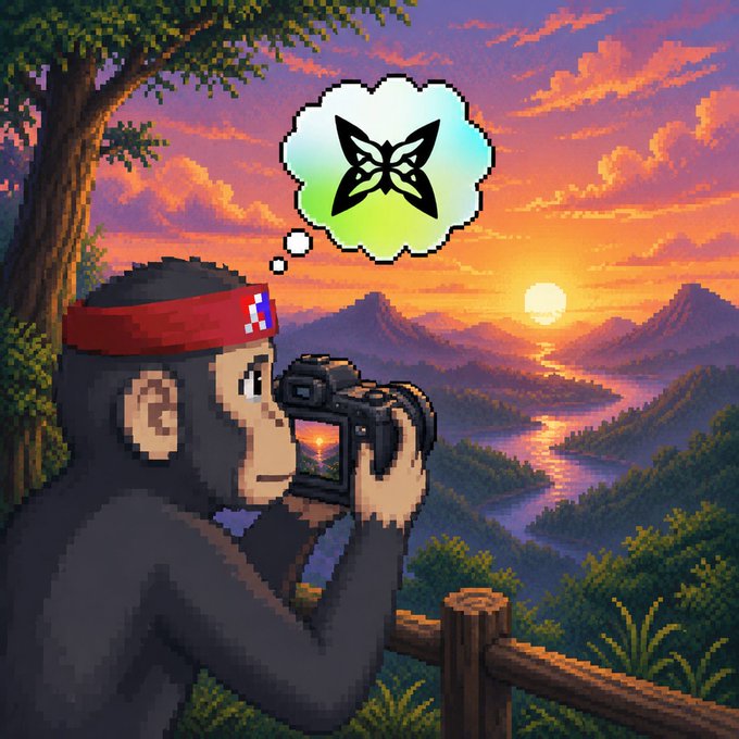 A pixel art scene of a monkey wearing a red bandana photographing a sunset over mountains and water, with a thought bubble displaying the SUI cryptocurrency logo.