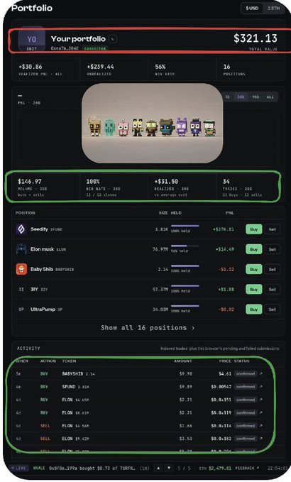 A portfolio dashboard screenshot showing a total value of $321.13 with 16 positions, featuring trending tokens like Seedify, Elon musk, BabyShib, and trading activity details.
