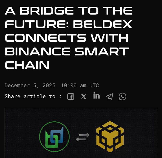 A news article announcement titled "A Bridge to the Future: Beldex Connects with Binance Smart Chain," dated December 5, 2025, featuring the Beldex and BNB Chain logos linked by a bridge symbol. The visual reinforces the post's message about Beldex's new live bridge enabling interoperability and asset connectivity between Web3 ecosystems.