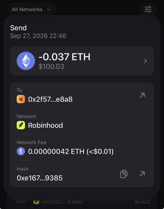 A cryptocurrency wallet transaction screenshot showing a Send of -0.037 ETH ($100.03) on the Robinhood network to address 0x2f57...e8a8, with transaction hash 0xe167...9385. The image supports the post's reference to "Creator szn Holder szn $GARRI szn" by demonstrating on-chain proof of holding/sending Ethereum, likely tied to a creator token project.