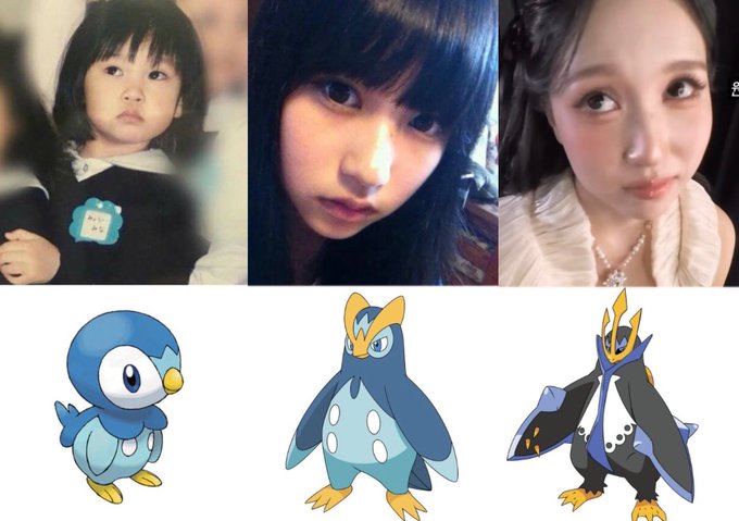 A visual evolution comparison showing "Mina" as a young child, a young woman, and an adult woman on top, each paired below with a corresponding evolutionary stage of the Pokémon Piplup, Prinplup, and Empoleon, illustrating a playful "evolution" theme from childhood to adulthood.
