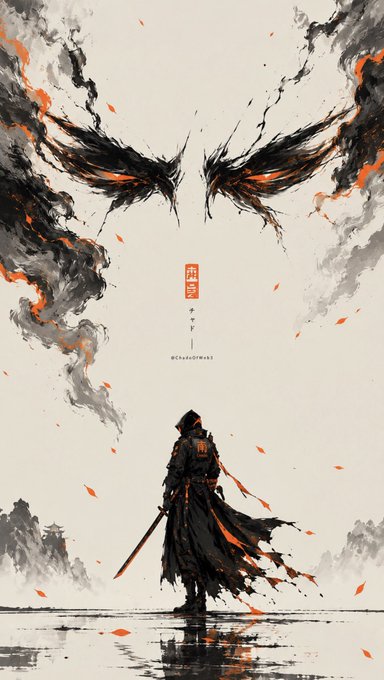 A stylized ink-wash illustration of a hooded samurai warrior standing before a large, fiery wing pattern, with Japanese characters and the handle '@chuzedika8