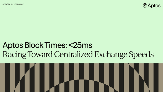 The image is an Aptos blog graphic titled "Aptos Block Times: <25ms — Racing Toward Centralized Exchange Speeds," with the Aptos logo in the top right and a green/tan color scheme. The post's jab about "Eclipse rebranding" appears to be a sarcastic dig at Aptos's repeated comparisons of itself to centralized exchanges, implying the network's marketing keeps trying to imitate or compete with established financial players rather than embracing its identity as a blockchain.