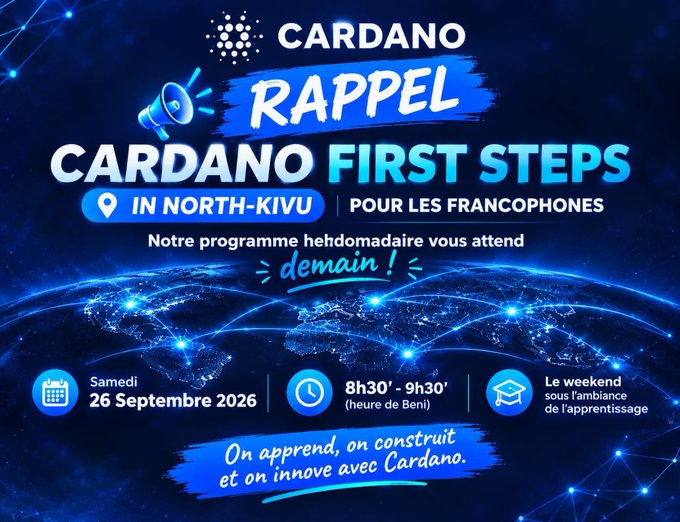 Cardano announcement flyer for 'CARDANO FIRST STEPS' workshop in North-Kivu, scheduled Saturday 26 September 2026, 8h30'-9h30' (heure de Beni) for Francophone audiences.