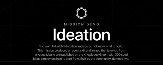 A dark-themed promotional graphic titled 'MISSION DEMO Ideation' with descriptive text about building on Intuition, mentioning 300 seed ideas onchain to start from, built by the community.