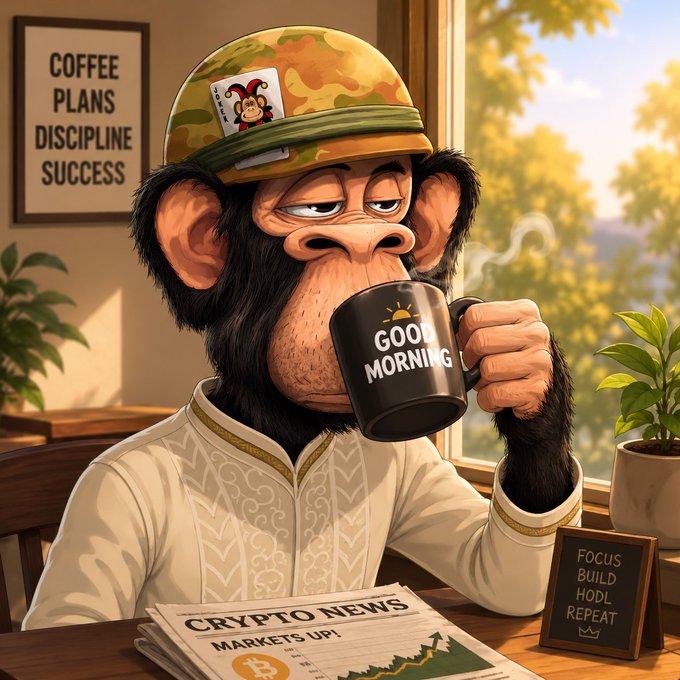 A cartoon chimpanzee wearing a camouflage cap and embroidered white shirt sips from a 'GOOD MORNING' mug while reading a 'CRYPTO NEWS - MARKETS UP!' newspaper, with a framed poster reading 'COFFEE PLANS DISCIPLINE SUCCESS' behind him and a sign saying 'Focus BUILD HODL REPEAT' on the table.
