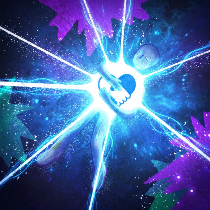 A vibrant blue and purple abstract artwork features a glowing starburst with a small face and heart shapes in the center.