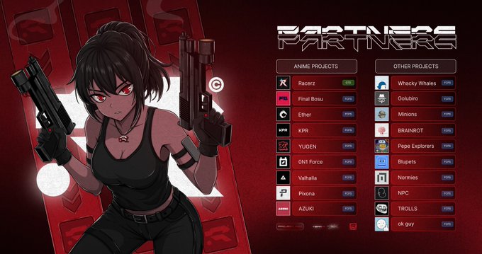 Anime-style female character with dual pistols against a red backdrop featuring the title "PARTNERZ" alongside lists of anime projects (RacerZ, Final Bossu, Ether, KPIR, YUDEN, 1N1 Force, Valhalla, Pixona, AZUKI) and other projects (Whacky Whales, Golubro, Minions, BRAINROT, Pepe Explorers, Blupets, Normies, NPC, TROLLS, ok guy), all marked as "SOON." The image serves as a teaser for an upcoming NFT character collection launching July 1st, highlighting partnerships with these various projects at a mint price of 0.001–0.0016 ETH.