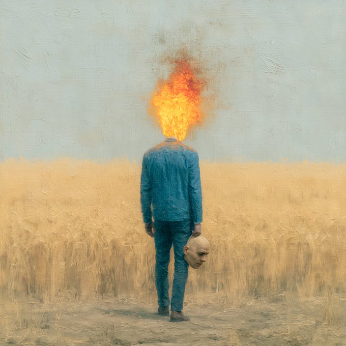 A man stands alone in a barren wheat field with flames erupting from where his head should be, while holding a pale mask in his hand—a striking visual metaphor for hidden anguish behind a forced facade. The image powerfully echoes the post's exhaustion with masking true emotions, as the fiery blaze reveals the turmoil concealed behind the expressionless mask.