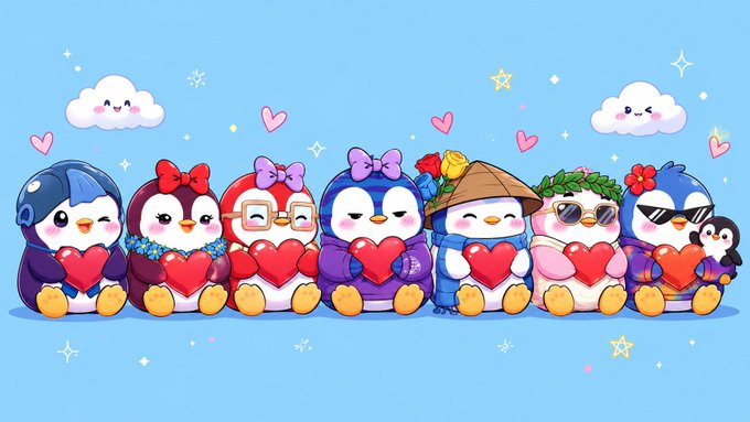 A cute illustration of seven cartoon penguins in different outfits and accessories (including glasses, bows, and hats), each holding a red heart against a light blue background with clouds and stars.