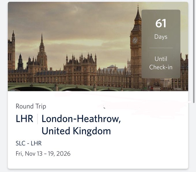A travel booking interface showing a round trip flight from SLC to LHR (London-Heathrow, United Kingdom) on Fri, Nov 13-19, 2026, with a countdown of 61 days until check-in over an image of Big Ben and Westminster.