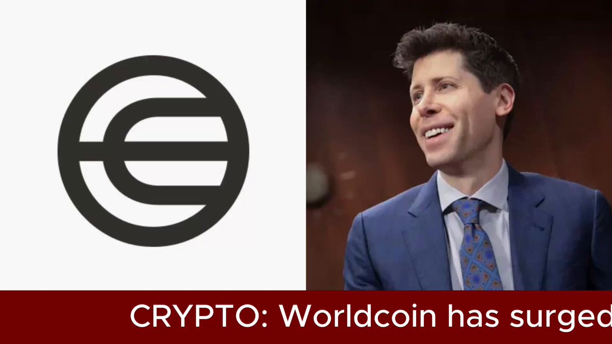 The image features a man wearing a suit, standing next to a logo for Worldcoin. The man appears to be smiling at the camera while looking upwards towards the logo. Below the logo, there is text that reads "Crypto: Worldcoin has surgeec". This suggests that the world of cryptocurrency has experienced significant growth and success in recent months.