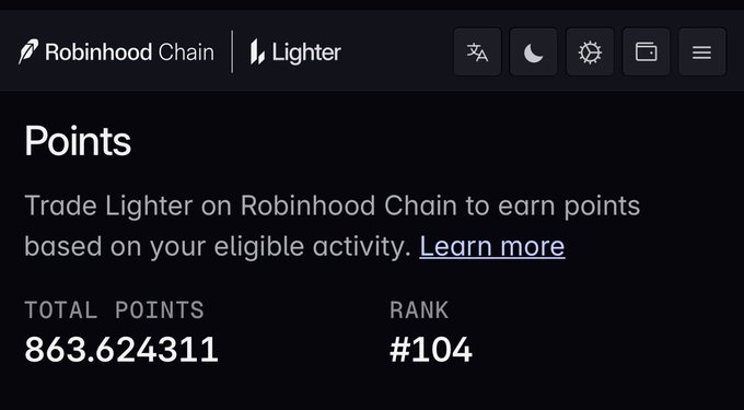 A dark-themed dashboard for Robinhood Chain Lighter showing 863.624311 total points and rank #104, with options to adjust language, theme, settings, and view wallet.