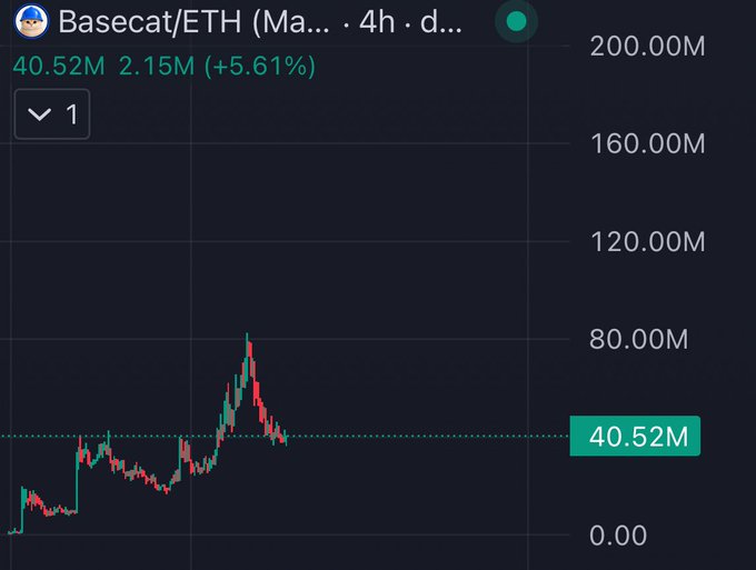 The image shows a 4-hour candlestick chart for Basecat/ETH on a DEX, displaying a market cap of 40.52M with a +5.61% gain (2.15M), following a recent peak near 80M. It visually supports the post's bullish thesis on BASECAT, suggesting the meme coin is stabilizing around 40M after a pullback, with the implication that it could rally ("infinity") once the surrounding FUD over the Biden launch dies down.