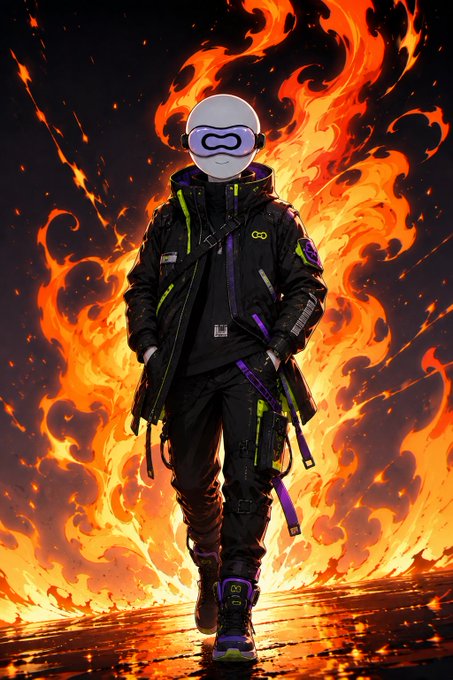 Digital artwork of a futuristic figure in a black techwear outfit with neon green and purple accents, wearing a white helmet with purple goggles, walking against a backdrop of swirling orange flames.