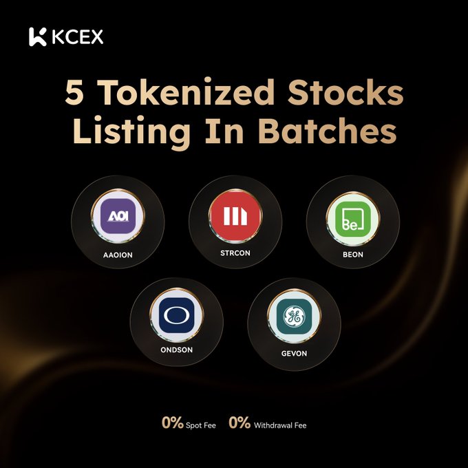 The image is a KCEX promotional graphic announcing "5 Tokenized Stocks Listing In Batches," featuring circular icons for each ticker—$AAOION, $STRCON, $BEON, $ONDSON, and $GEVON—highlighted against a black background with a "0% Spot Fee / 0% Withdrawal Fee" offer at the bottom, directly supporting the post's message about expanded spot trading access to new tokenized equities.